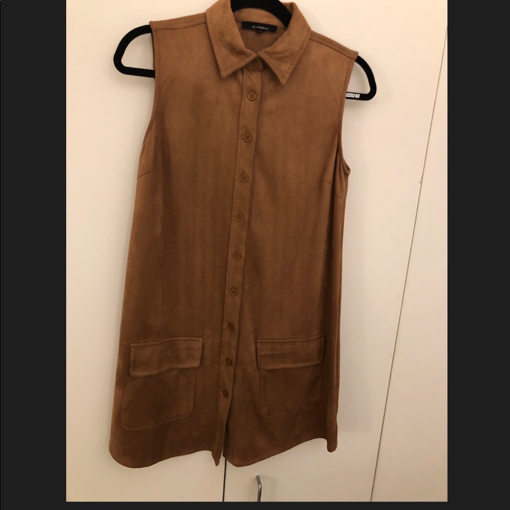 Brown Faux Velvet Button Down Dress